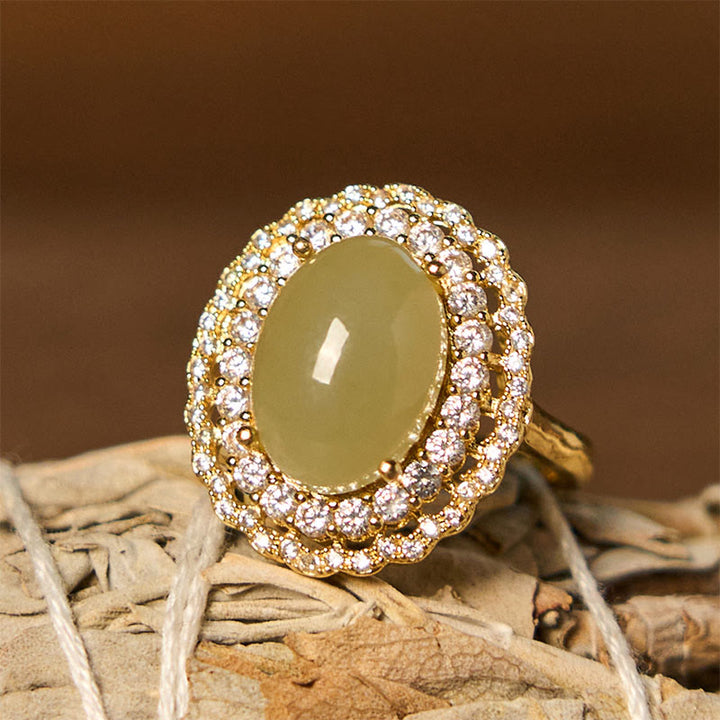 Bague ouverte en cuivre et zircone avec double cercle creux en jade naturel Hetian de Buddha Stones