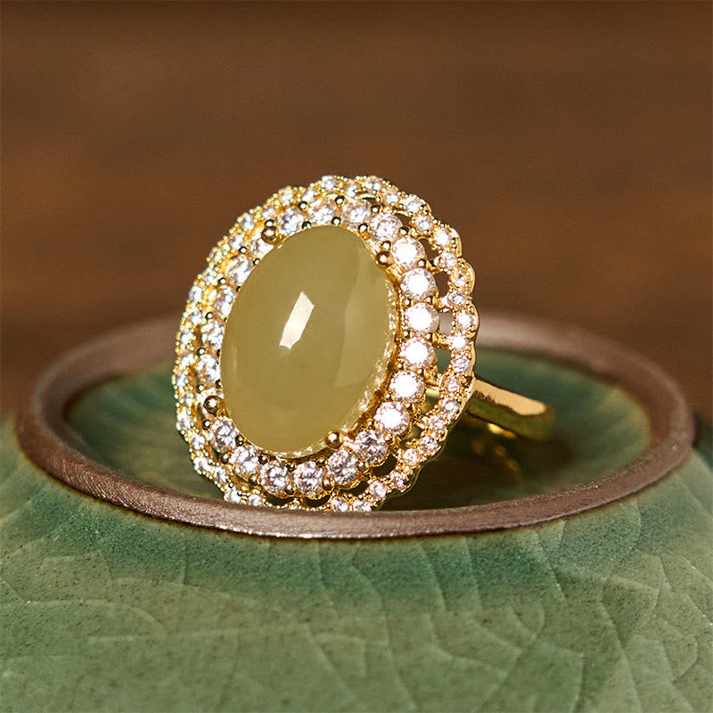 Bague ouverte en cuivre et zircone avec double cercle creux en jade naturel Hetian de Buddha Stones
