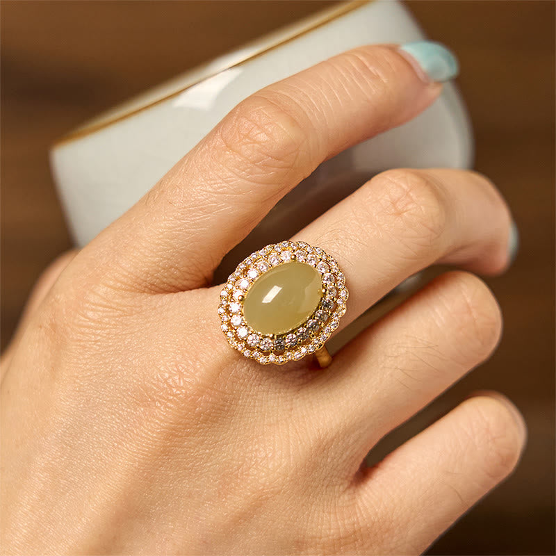 Bague ouverte en cuivre et zircone avec double cercle creux en jade naturel Hetian de Buddha Stones