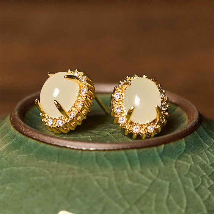 Boucles d'oreilles en cuivre et jade naturel Hetian Buddha Stones
