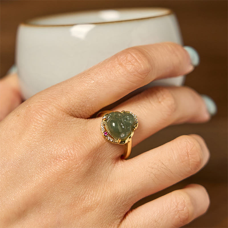 Buddha Stones -bonheur ouverte en cuivre avec gourde en jade naturel Hetian Bouddha rieur