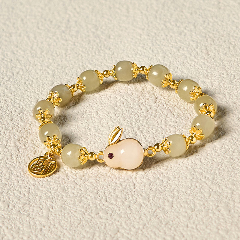 Bracelet d'abondance de lapin de marque Fu de caractère Fu de jade naturel de Hetian de Buddha Stones