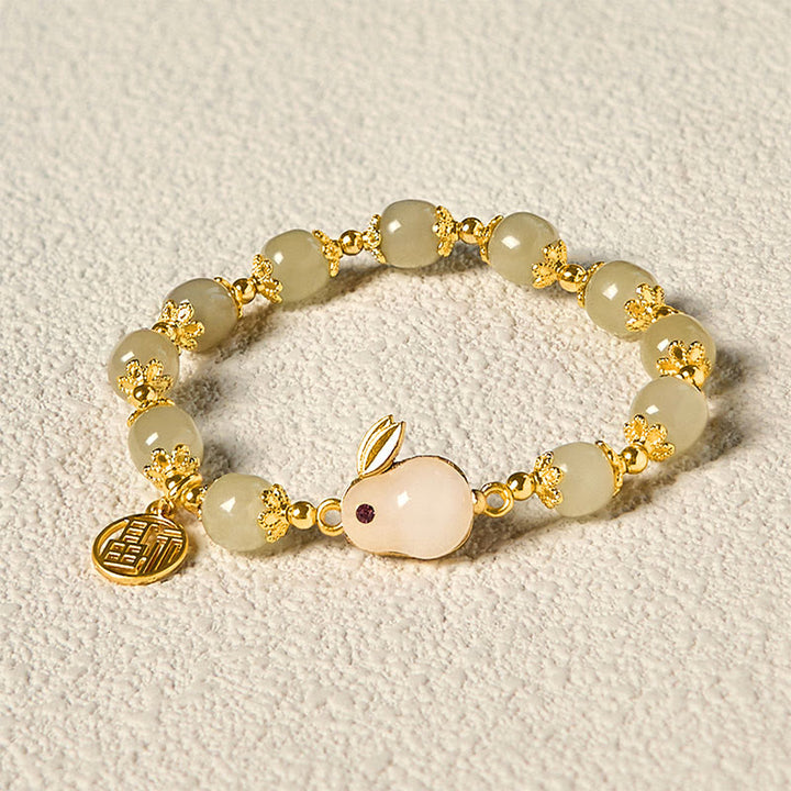 Bracelet d'abondance de lapin de marque Fu de caractère Fu de jade naturel de Hetian de Buddha Stones