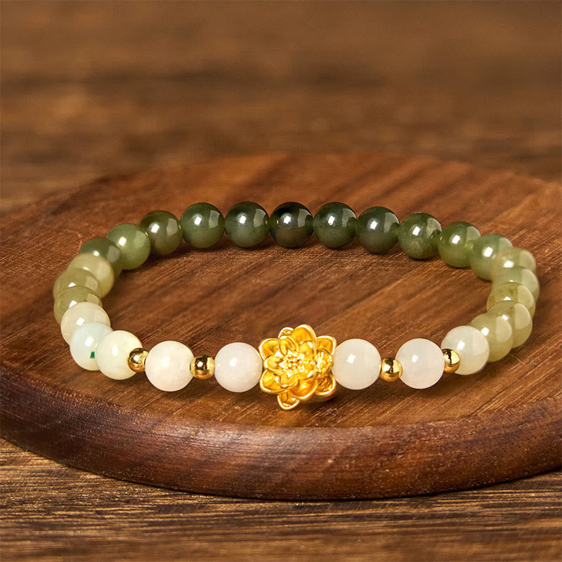 Bracelet d'abondance de lotus dégradé en jade naturel Hetian Buddha Stones