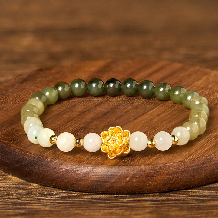 Bracelet d'abondance de lotus dégradé en jade naturel Hetian Buddha Stones