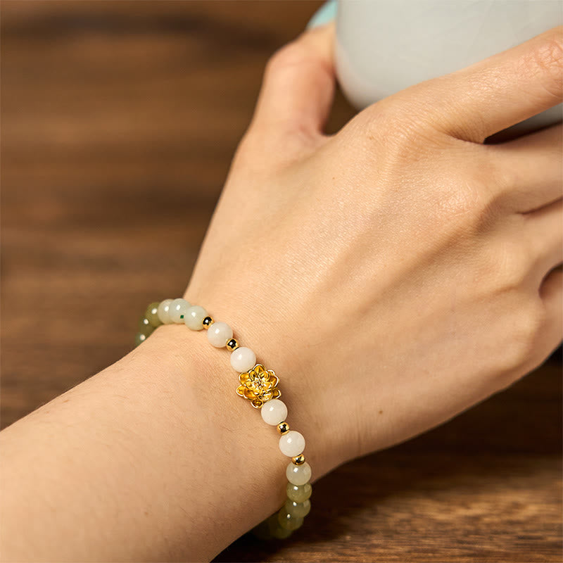 Bracelet d'abondance de lotus dégradé en jade naturel Hetian Buddha Stones