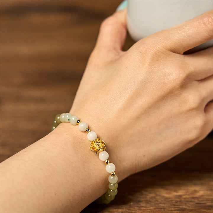 Bracelet d'abondance de lotus dégradé en jade naturel Hetian Buddha Stones