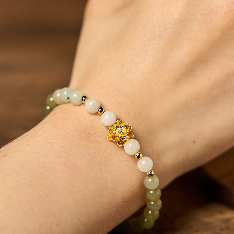 Bracelet d'abondance de lotus dégradé en jade naturel Hetian Buddha Stones