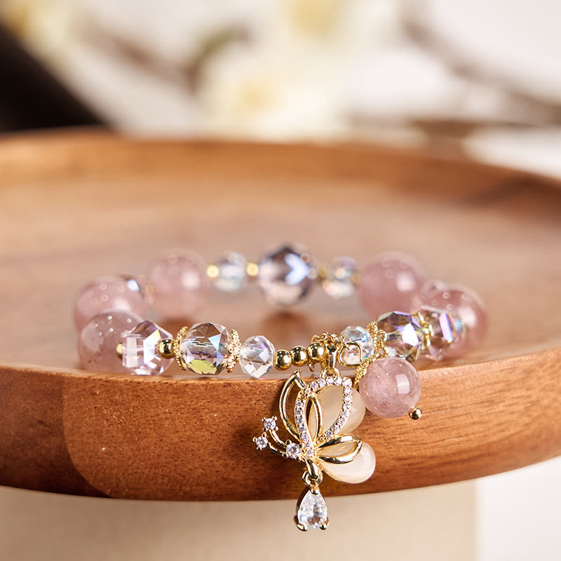 Bracelet de guérison papillon en quartz fraise naturel Buddha Stones