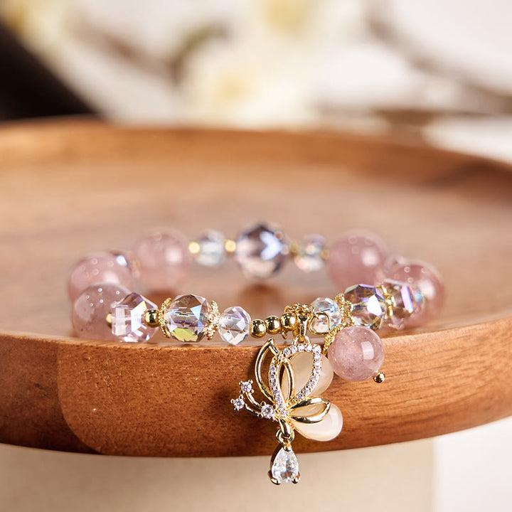 Bracelet de guérison papillon en quartz fraise naturel Buddha Stones
