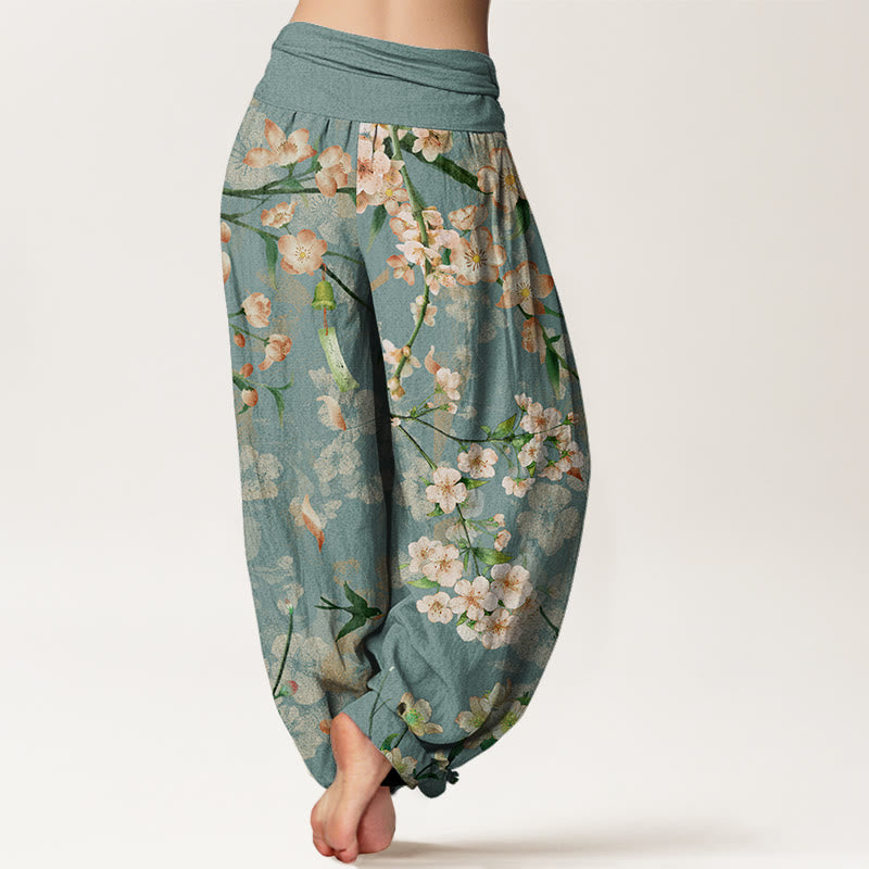 Pantalon harem à taille élastique pour femme, en coton, Buddha Stones, fleurs de pêcher et oies en vol - image 2