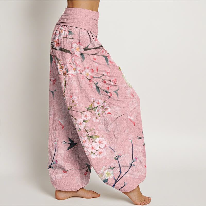 Pantalon harem à taille élastique pour femme, en coton, Buddha Stones, fleurs de pêcher et oies en vol - image 5