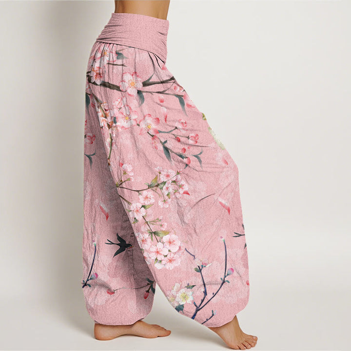 Pantalon harem à taille élastique pour femme, en coton, Buddha Stones, fleurs de pêcher et oies en vol - image 5