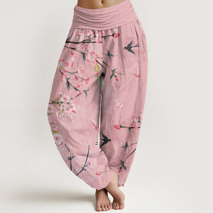 Pantalon harem à taille élastique pour femme, en coton, Buddha Stones, fleurs de pêcher et oies en vol - Rose - US22，UK/AU26，EU54 (6XL) - image 4