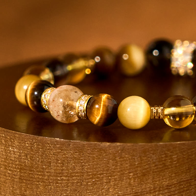 Bracelet de bonheur en Buddha Stones, citrine, topaze, quartz fumé, œil de tigre