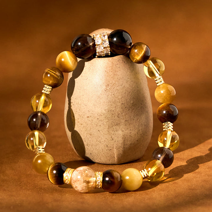 Bracelet de bonheur en Buddha Stones, citrine, topaze, quartz fumé, œil de tigre