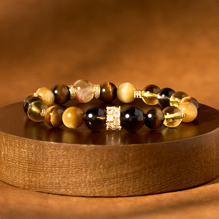 Bracelet de bonheur en Buddha Stones, citrine, topaze, quartz fumé, œil de tigre