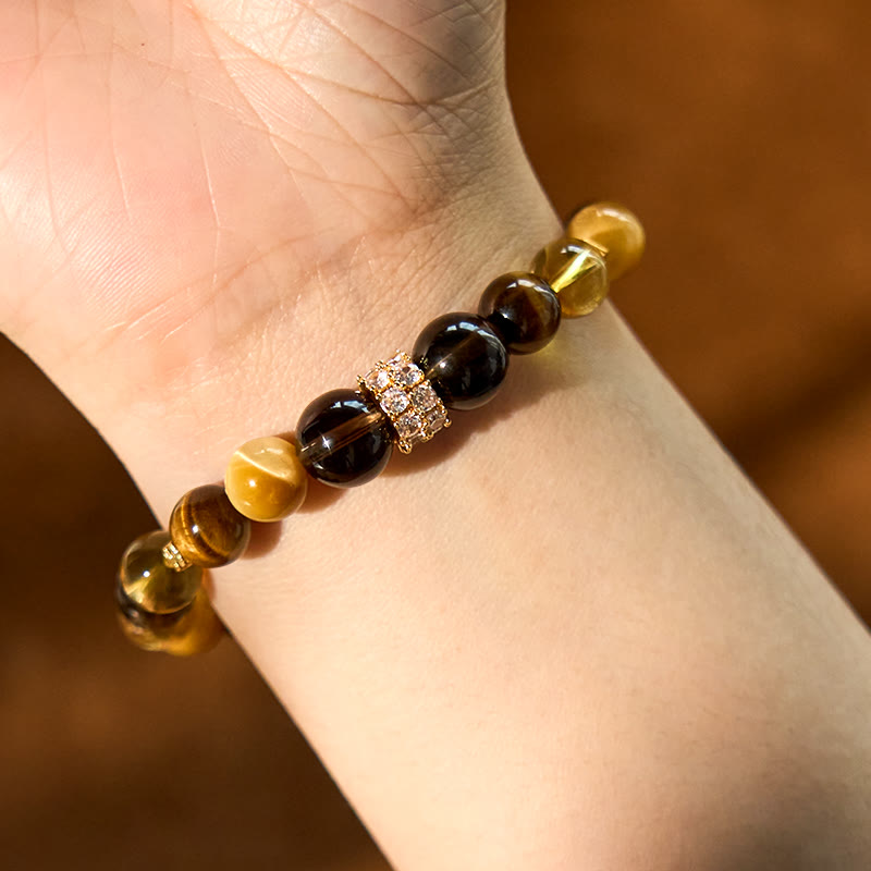 Bracelet de bonheur en Buddha Stones, citrine, topaze, quartz fumé, œil de tigre