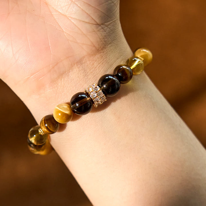 Bracelet de bonheur en Buddha Stones, citrine, topaze, quartz fumé, œil de tigre