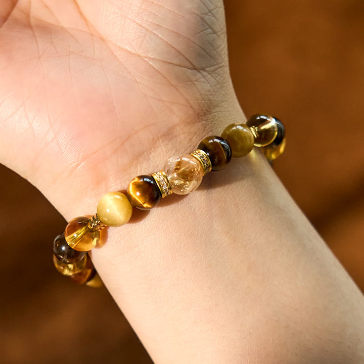 Bracelet de bonheur en Buddha Stones, citrine, topaze, quartz fumé, œil de tigre