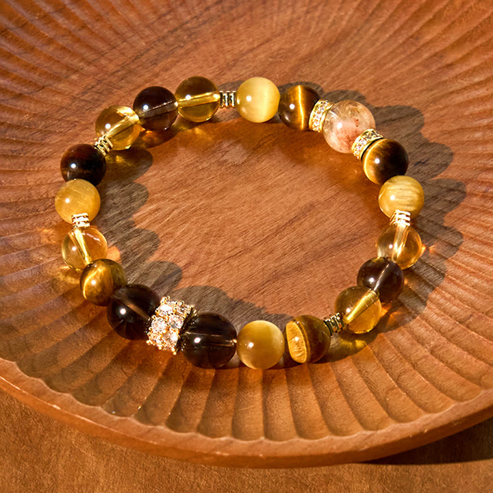 Bracelet de bonheur en Buddha Stones, citrine, topaze, quartz fumé, œil de tigre