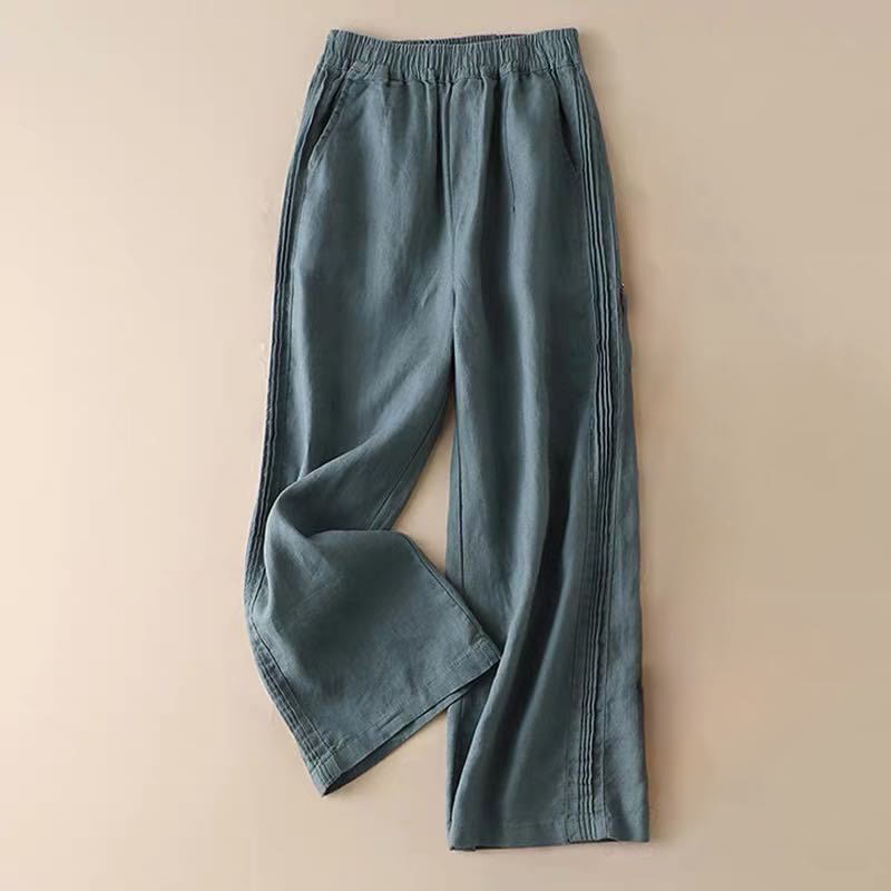 Pantalon large décontracté en coton et lin pour femme avec poches et plis latéraux de couleur unie Buddha Stones - Sarcelle - US12，UK/AU16，EU44 (3XL) - image 7