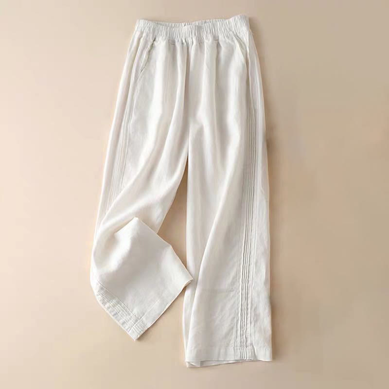 Pantalon large décontracté en coton et lin pour femme avec poches et plis latéraux de couleur unie Buddha Stones - Blanc - US12，UK/AU16，EU44 (3XL) - image 13