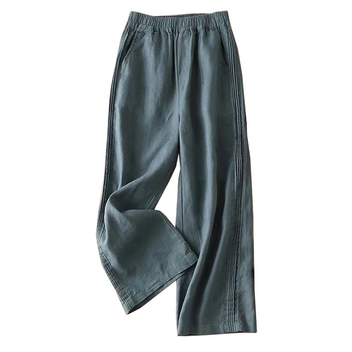 Pantalon large décontracté en coton et lin pour femme avec poches et plis latéraux de couleur unie Buddha Stones - image 12