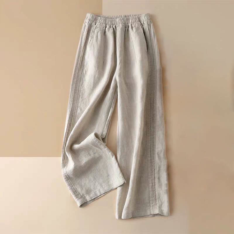 Pantalon large décontracté en coton et lin pour femme avec poches et plis latéraux de couleur unie Buddha Stones - Blé - US12，UK/AU16，EU44 (3XL) - image 0