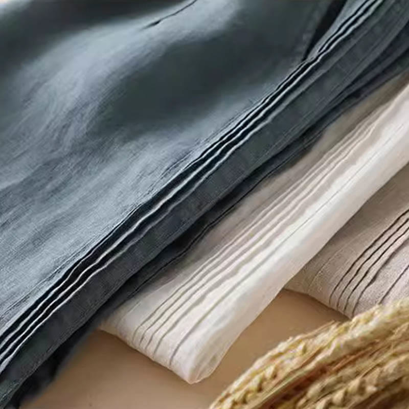 Pantalon large décontracté en coton et lin pour femme avec poches et plis latéraux de couleur unie Buddha Stones - image 1