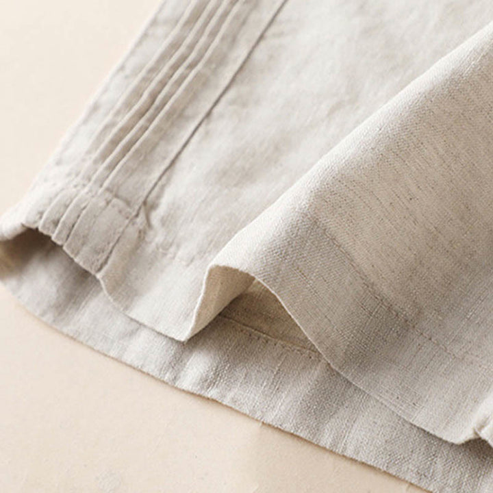 Pantalon large décontracté en coton et lin pour femme avec poches et plis latéraux de couleur unie Buddha Stones - image 5