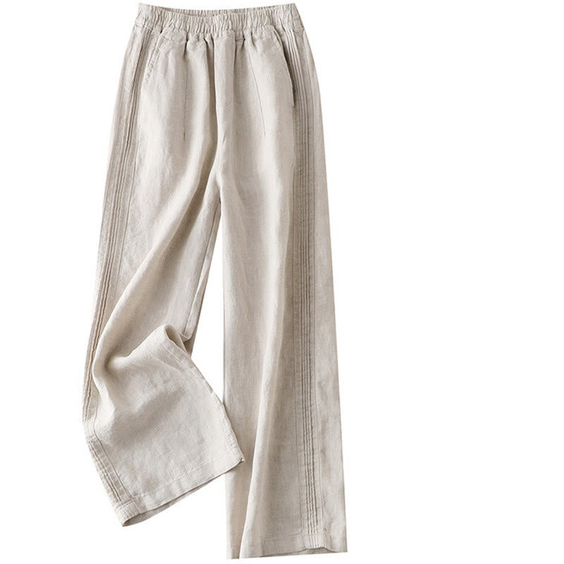 Pantalon large décontracté en coton et lin pour femme avec poches et plis latéraux de couleur unie Buddha Stones - image 6