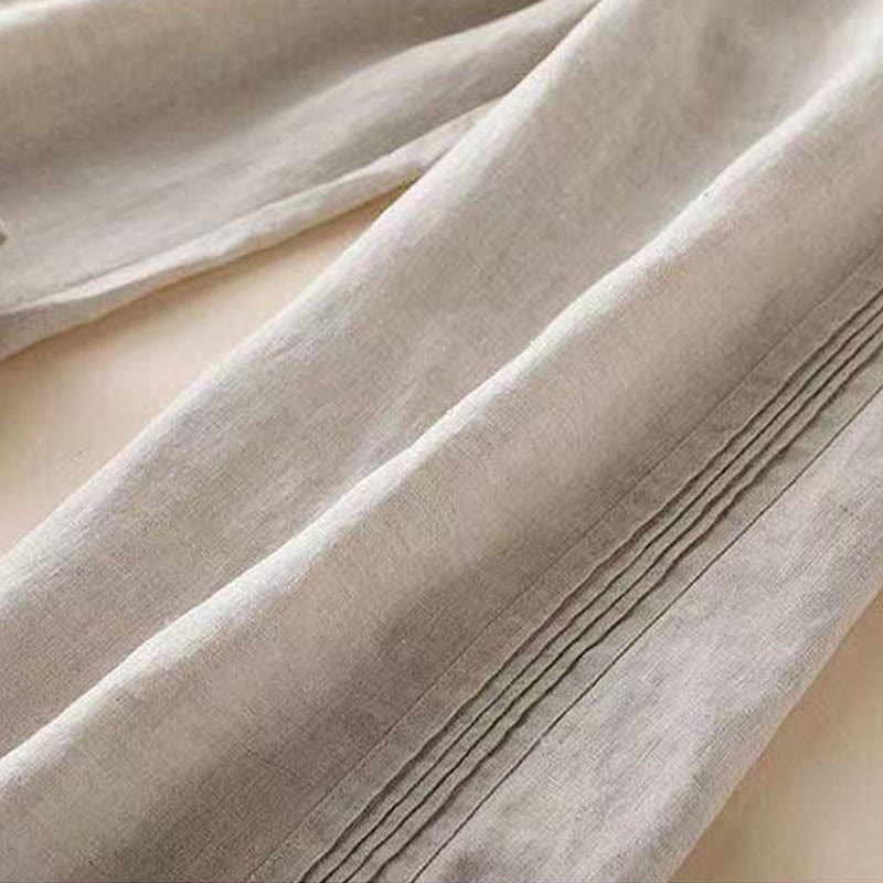 Pantalon large décontracté en coton et lin pour femme avec poches et plis latéraux de couleur unie Buddha Stones - image 3