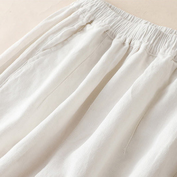 Pantalon large décontracté en coton et lin pour femme avec poches et plis latéraux de couleur unie Buddha Stones - image 14