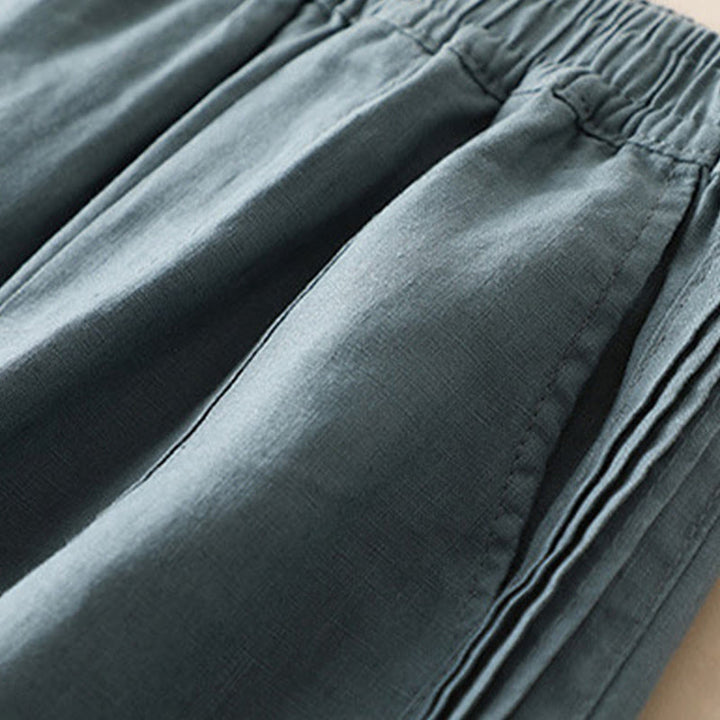 Pantalon large décontracté en coton et lin pour femme avec poches et plis latéraux de couleur unie Buddha Stones - image 9