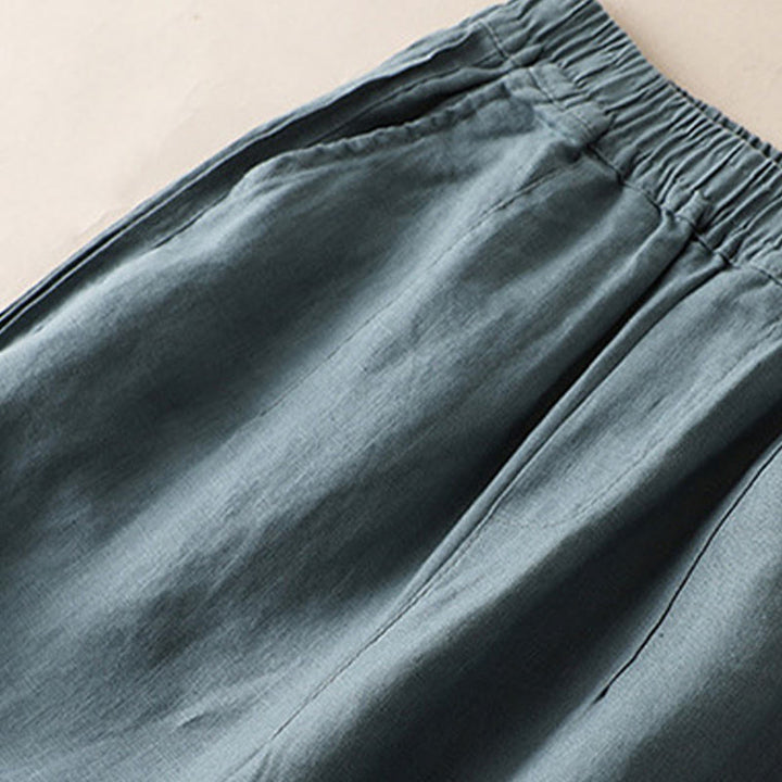 Pantalon large décontracté en coton et lin pour femme avec poches et plis latéraux de couleur unie Buddha Stones - image 8