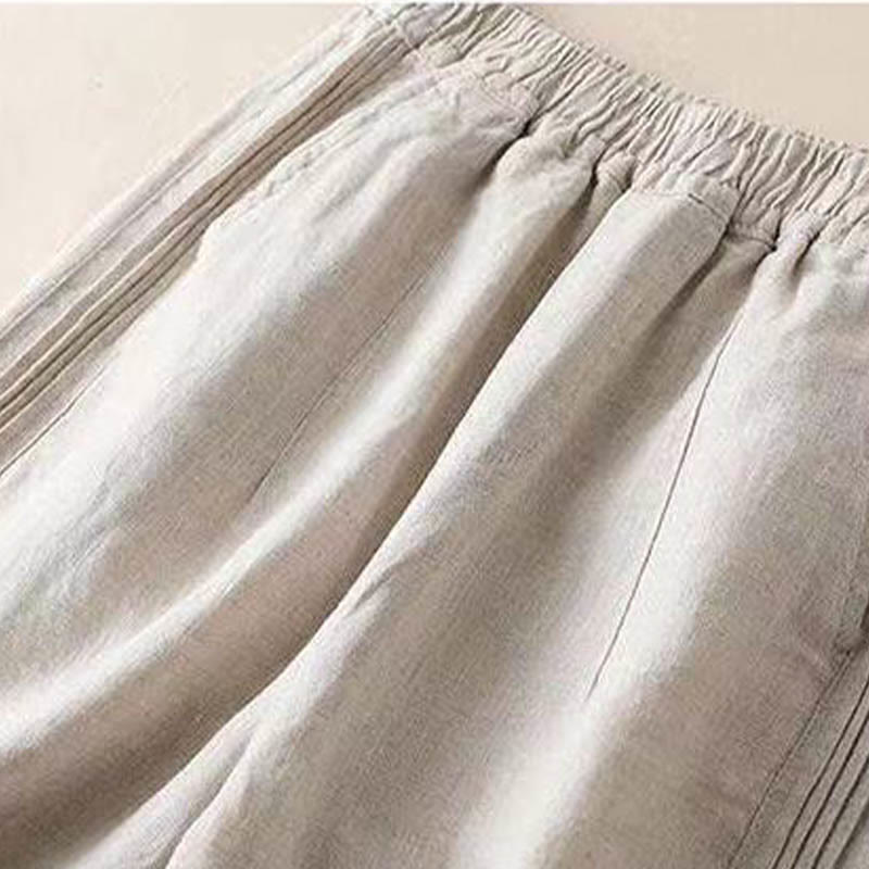 Pantalon large décontracté en coton et lin pour femme avec poches et plis latéraux de couleur unie Buddha Stones - image 2