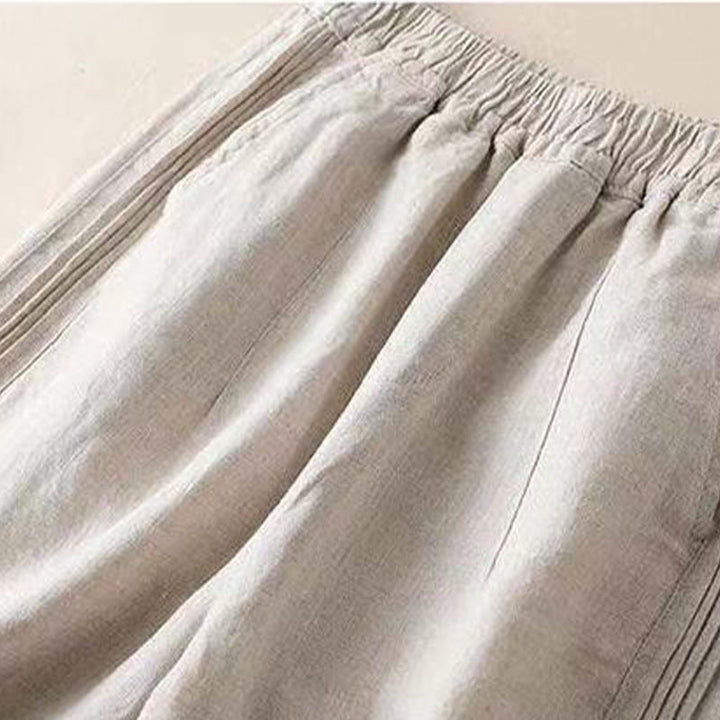 Pantalon large décontracté en coton et lin pour femme avec poches et plis latéraux de couleur unie Buddha Stones - image 2