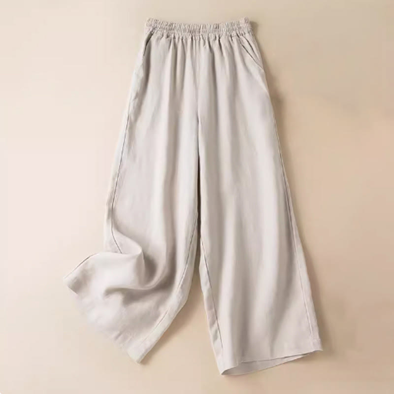 Pantalon large décontracté en coton et lin de couleur unie avec poches pour femme Buddha Stones - Beige - US12，UK/AU16，EU44 (3XL) - image 22