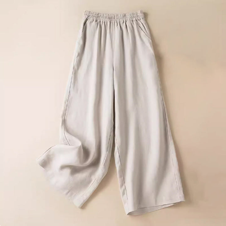 Pantalon large décontracté en coton et lin de couleur unie avec poches pour femme Buddha Stones - Beige - US12，UK/AU16，EU44 (3XL) - image 22
