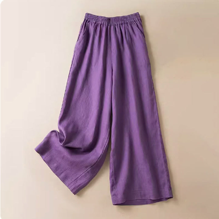 Pantalon large décontracté en coton et lin de couleur unie avec poches pour femme Buddha Stones - Violet - US12，UK/AU16，EU44 (3XL) - image 10
