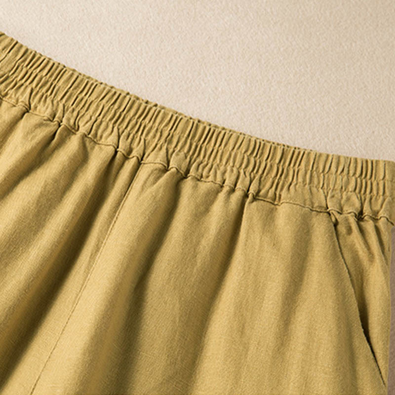 Pantalon large décontracté en coton et lin de couleur unie avec poches pour femme Buddha Stones - image 30