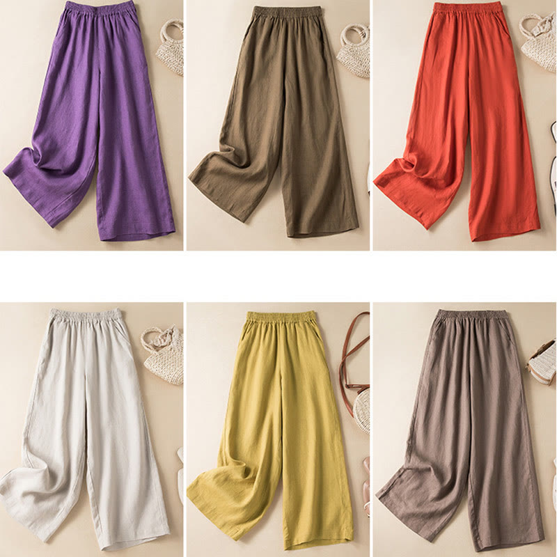 Pantalon large décontracté en coton et lin de couleur unie avec poches pour femme Buddha Stones - image 2