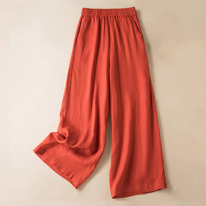 Pantalon large décontracté en coton et lin de couleur unie avec poches pour femme Buddha Stones - OrangeRouge - US12，UK/AU16，EU44 (3XL) - image 7