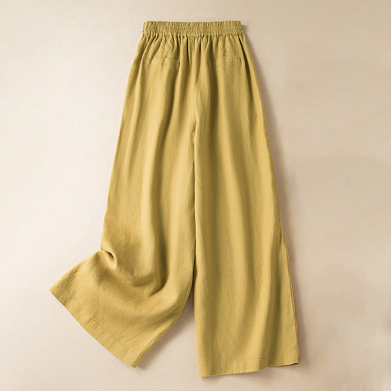 Pantalon large décontracté en coton et lin de couleur unie avec poches pour femme Buddha Stones - Jaune - US12，UK/AU16，EU44 (3XL) - image 29