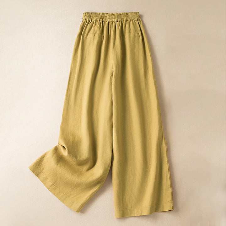 Pantalon large décontracté en coton et lin de couleur unie avec poches pour femme Buddha Stones - Jaune - US12，UK/AU16，EU44 (3XL) - image 29