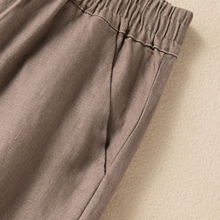 Pantalon large décontracté en coton et lin de couleur unie avec poches pour femme Buddha Stones - image 19