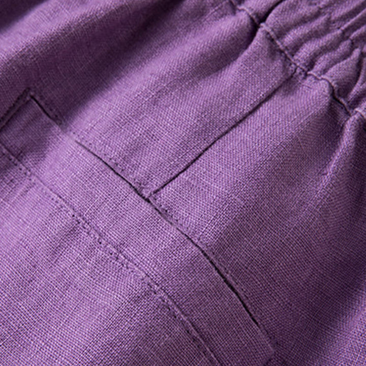 Pantalon large décontracté en coton et lin de couleur unie avec poches pour femme Buddha Stones - image 12