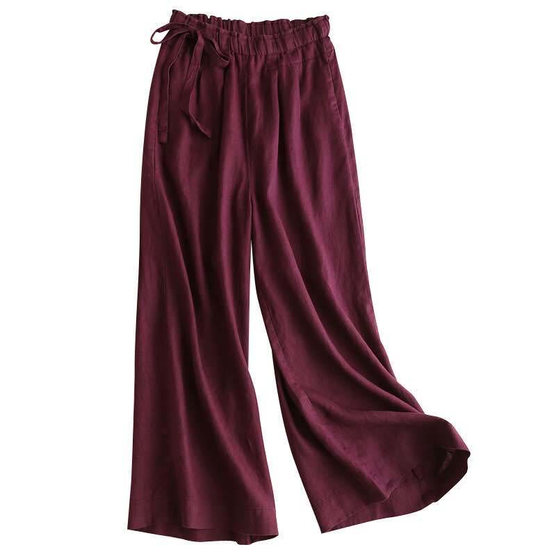Pantalon large décontracté à lacets en coton et lin pour femme de couleur unie Buddha Stones