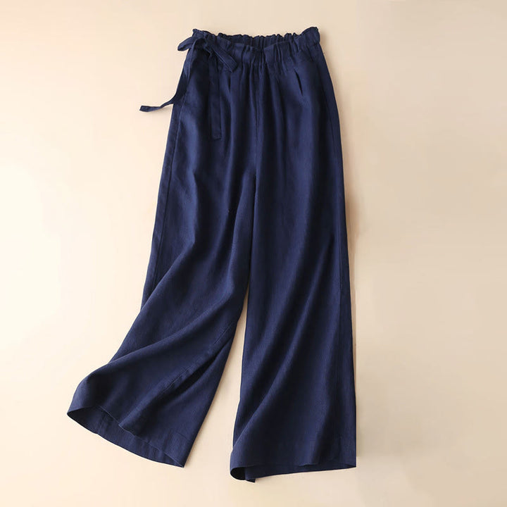 Pantalon large décontracté à lacets en coton et lin pour femme de couleur unie Buddha Stones